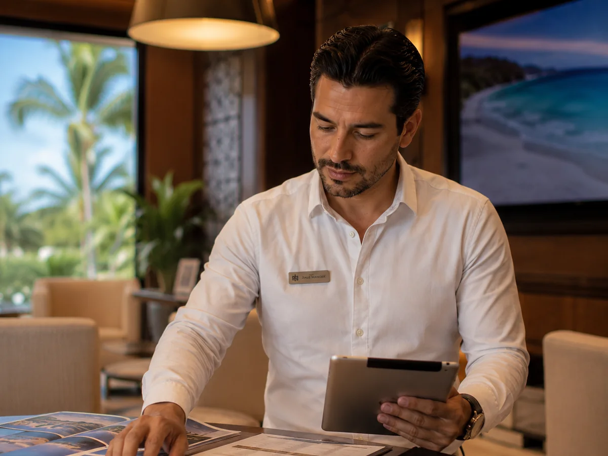 Vendedor revisando sus números en la tableta en la sala de ventas