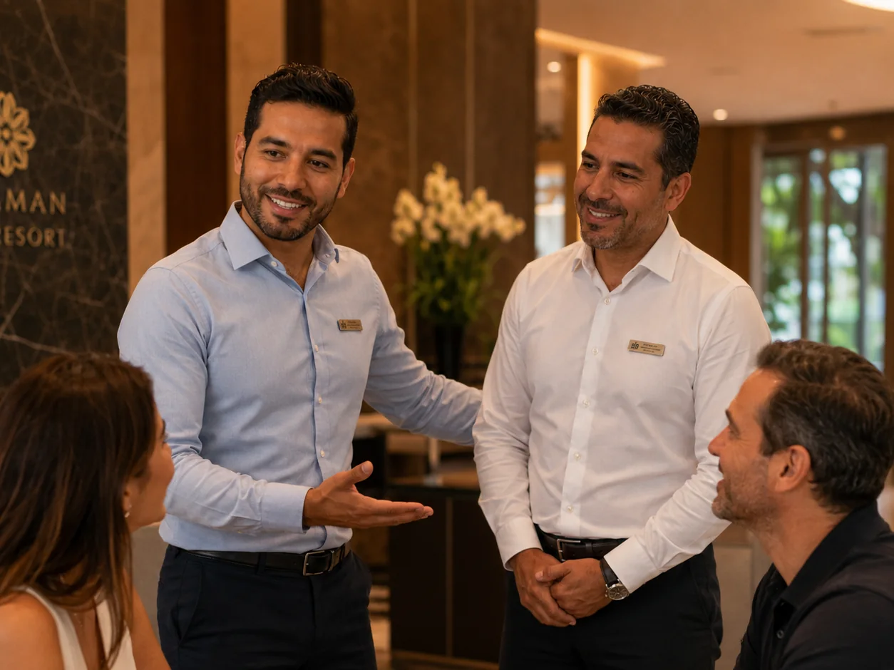 Dos vendedores de club vacacional atendiendo a una pareja en la sala de ventas